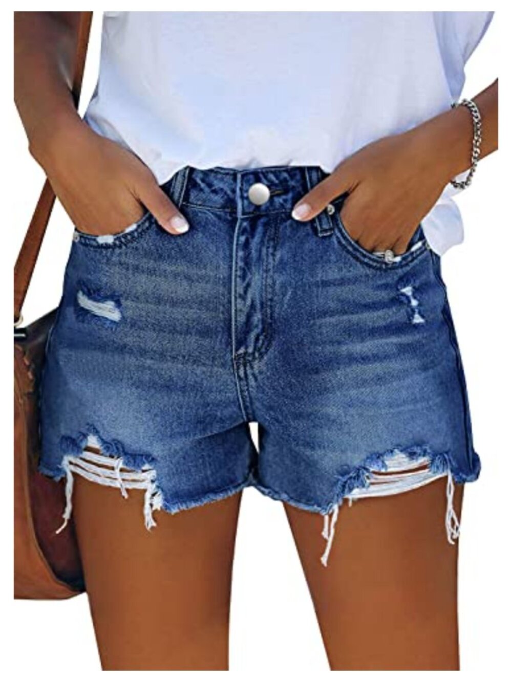 Womens Denim Shorts Mid Waisted Raw Hem Ripped Jean Shorts
